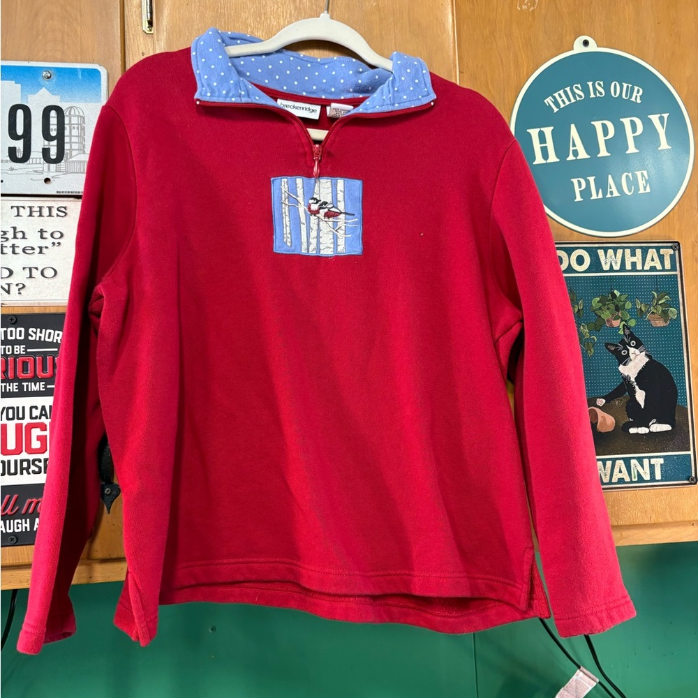 Breckenridge Red Sweatshirt with Blue Polka Dot Collar